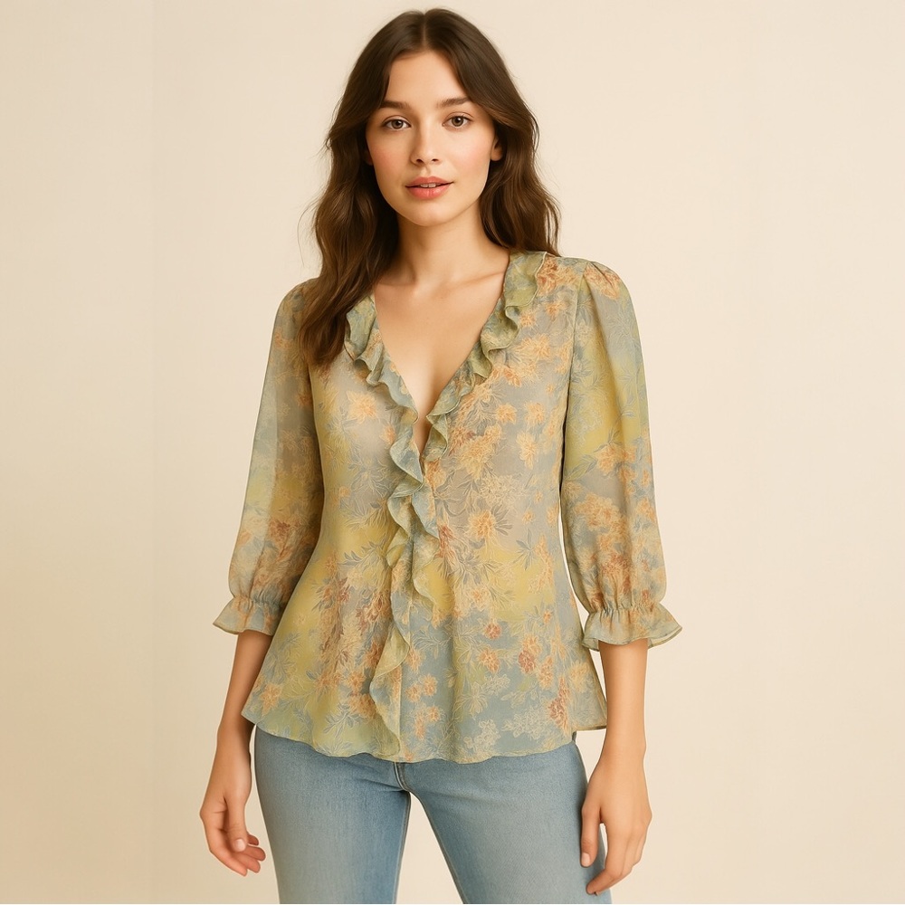Y2K Silk Floral Ruffle Blouse Fairycore Sheer Top